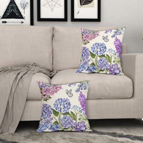 Floral Pillow Covers 18x18 Inch Set of 2 - Purple Blue Butterfly Design
