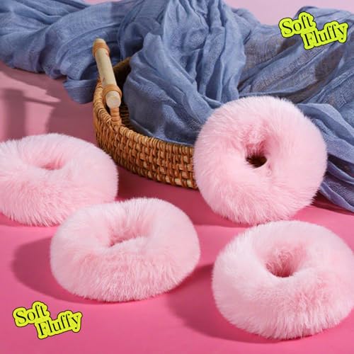 Pink Pom Pom Hair Ties - 4 Pack Furry Scrunchies for Girls & Women