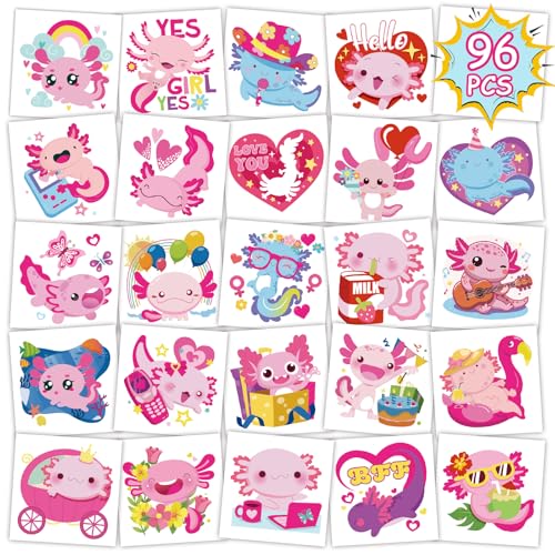 Kids Axolotl Temporary Tattoos - 96pcs, Safe & Removable Party Favors