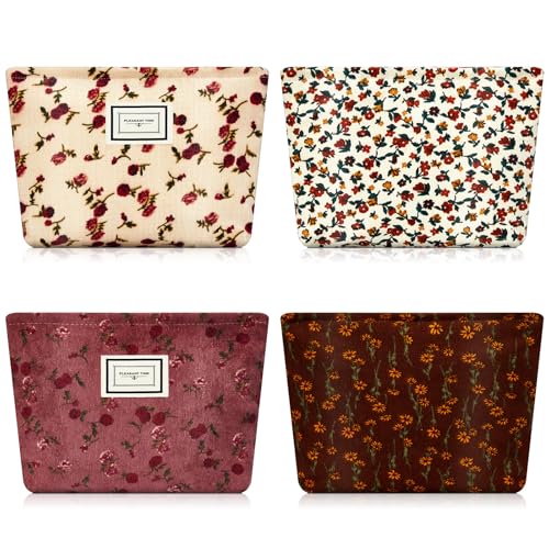 Sanwuta Floral Cosmetic Bags - 4 Pcs Corduroy Makeup Pouches for Women