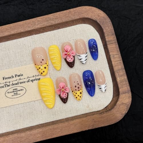 Yacey Handmade 3D Floral Press On Nails - Medium Almond French Tip Set