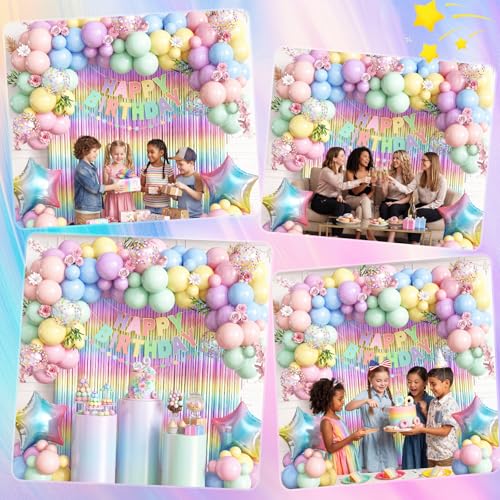 Pastel Birthday Decorations Set - Macaron Fringe Curtain & Balloons