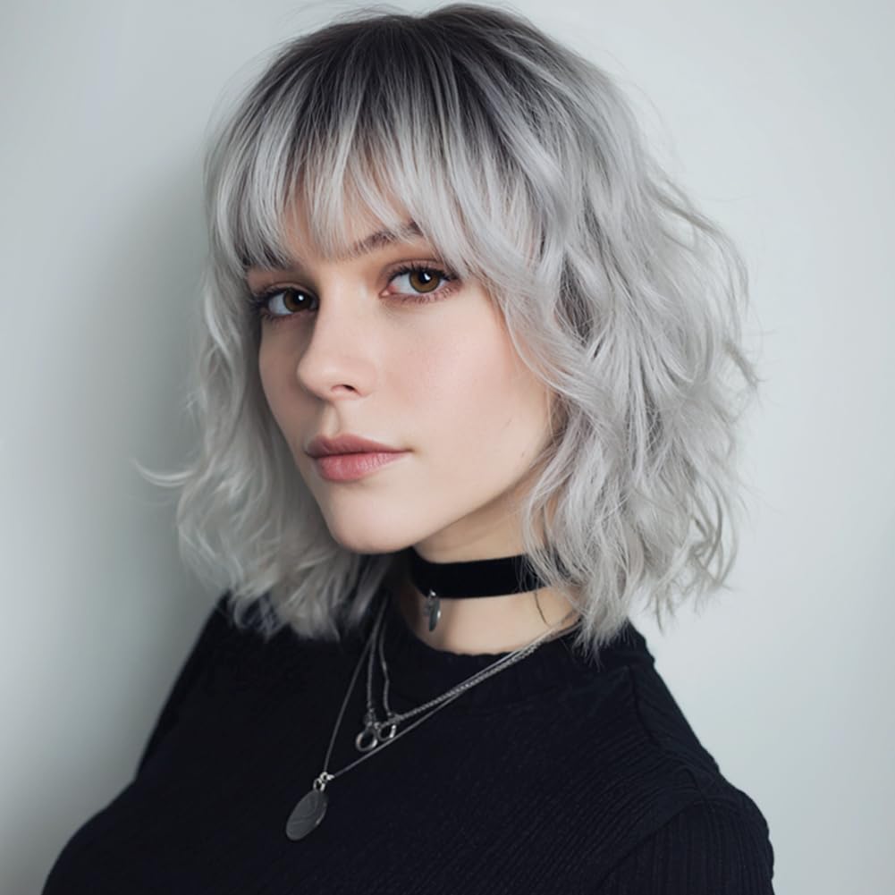 Ombre Grey Wavy Bob Wig for Women - Short Synthetic Hair with Bangs | 14 Inches, Dark Roots