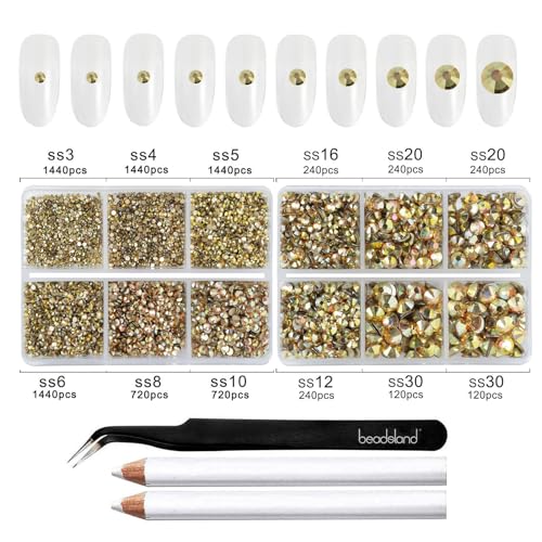 BEADSLAND Flatback Rhinestones - Metal Sunlight, 8300pcs Mixed 10 Sizes
