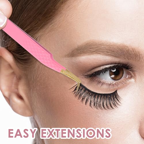 Eyelash Extension Tweezers 2 Pack - 90 Degree Microfiber Precision Lash Tweezers for Volume & Cluster Lashes, Pink