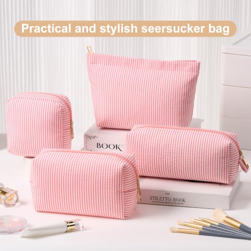 Coral Pink Seersucker Makeup Bag Set - 4 Pcs Travel Cosmetic Organizer