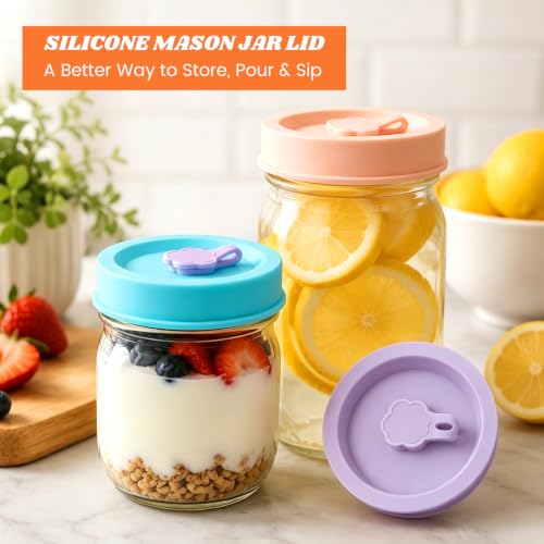 Silicone Mason Jar Lids with Stainless Steel Straws - 4 Pack