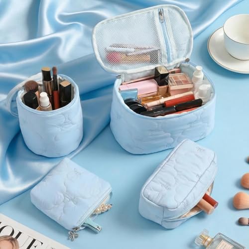 AMDAILY Sky Blue Quilted Makeup Bag Set with Bow Embroidery - 4 Pcs Travel Organizer