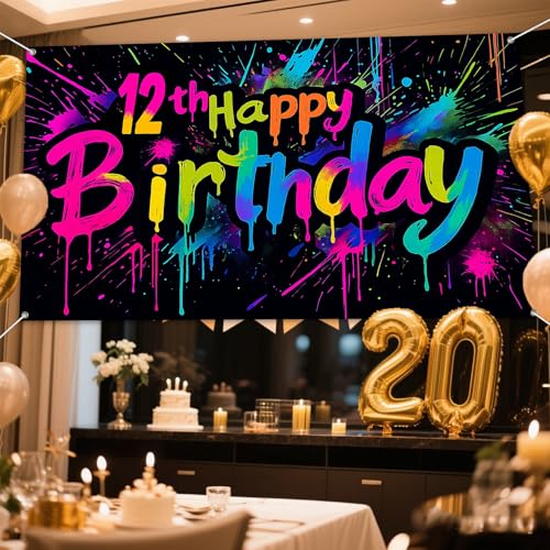12th Birthday Party Banner - Rainbow Neon Splatter 71x43 Inch
