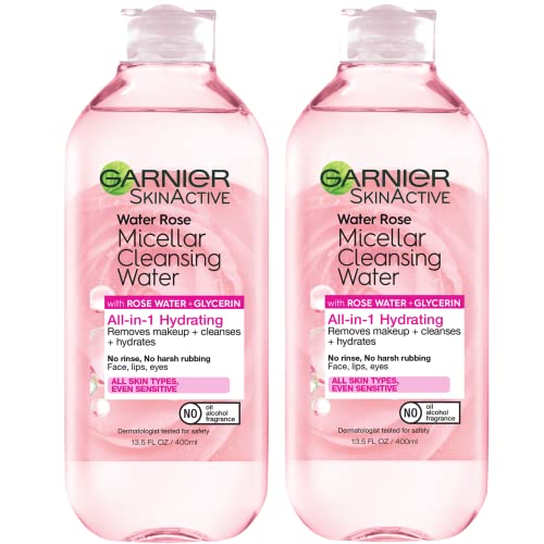 Garnier Micellar Water with Rose & Glycerin, 13.5 Fl Oz (Pack of 2) - Hydrating Facial Cleanser & Makeup Remover for All Skin Types