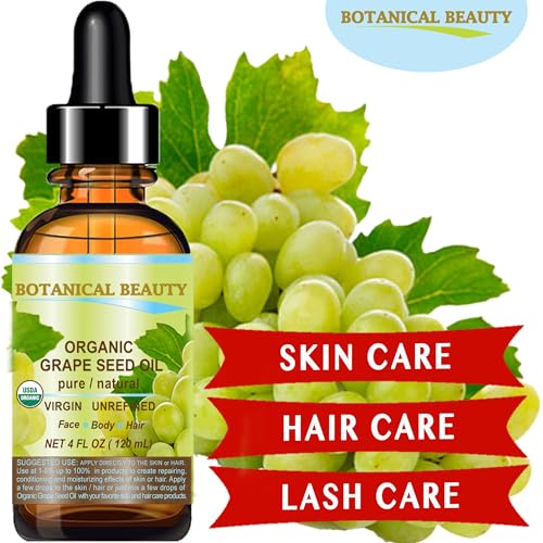 Botanical Beauty Organic Grape Seed Oil - 100% Pure Cold-Pressed Face & Hair