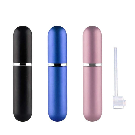 Travel Refillable Perfume Atomisers, 5ML, 3 Pcs Mini Portable Spray Bottles, Round Tube Set With 1 Flat Separated Tool, for Home Business Trip (Black+Blue+Champagne)(4pcs)