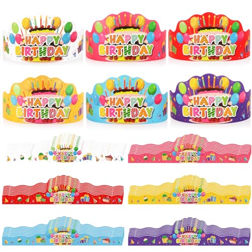 48 Pcs Happy Birthday Crowns - Paper Party Hats for Kids & Adults