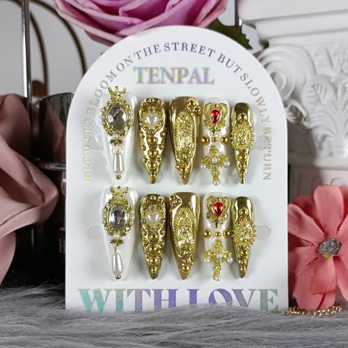 TENPAL Long Stiletto Press-On Nails with Baroque Pearl & Celestial Charms