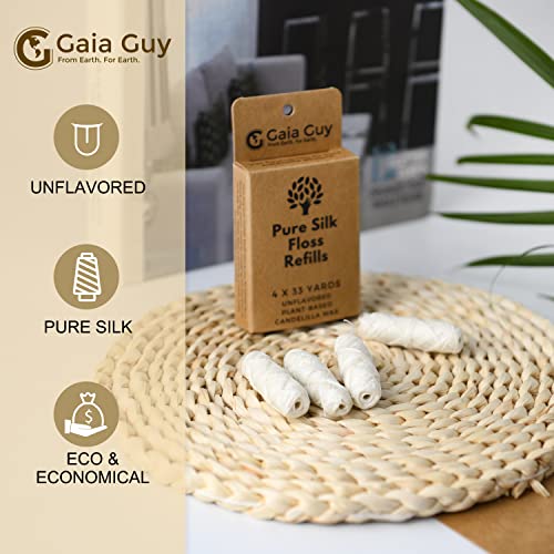 Gaia Guy Biodegradable Silk Dental Floss Refill - Eco-Friendly, Unflavored, 4 x 33yds