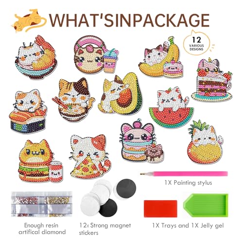 INCOK Cat Diamond Art Magnets - 12 PCS DIY Fridge Decor Kit