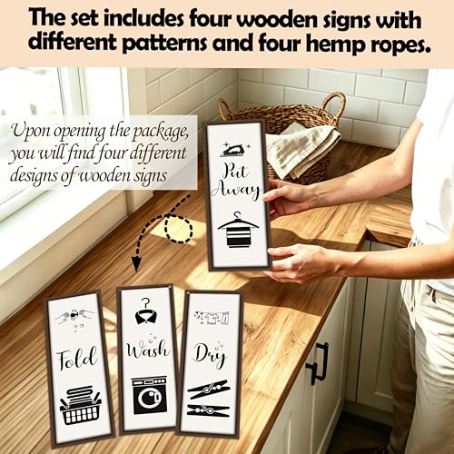 4 Wooden Laundry Room Signs - Funny Minimalist Wall Decor