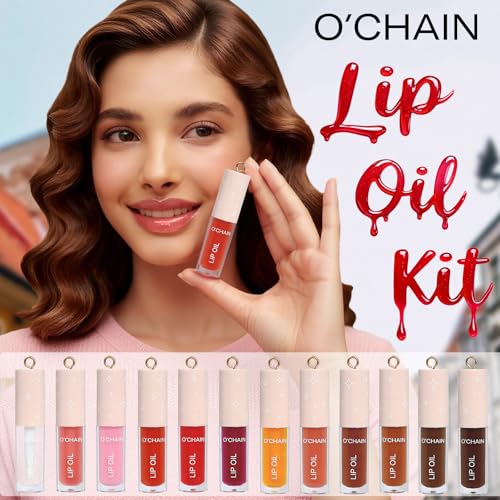 O'CHAIN 12-Color Moisturizing Lip Oil Set with Portable Keychain Pendant
