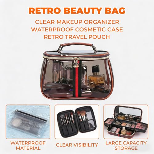 Purple Retro Vintage Vanity Bag - Clear Makeup Organizer with Handle