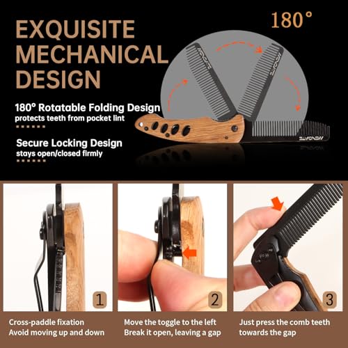MenGate Folding Beard Comb - Stainless Steel & Zebrawood EDC Pocket Tool