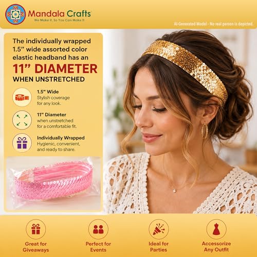 Red Glitter Sequin Headbands for Women - 12-Pack Elastic Bands