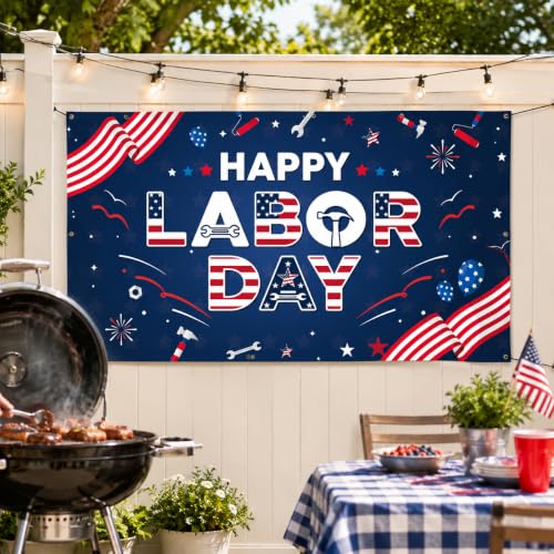 Happy Labor Day Banner Backdrop - 43.3x72.8 Inch Polyester Sign with Grommets & Rope for BBQ Party Decorations