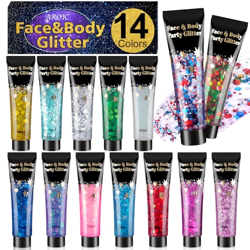 AROIC 14 Colors Body Glitter, 4th of July Face & Hair Glitter Gel Set for Festival, Eye Shimmer for Women Rave Accessories Party Supplies, Face Paint Hair/Cheek/Eyelid Sparkle Makeup-18ml/Tube