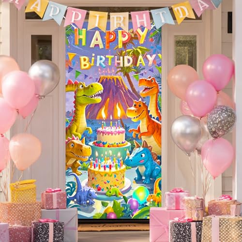 Dinosaur Birthday Door Cover - Jungle Party Decor 35x71 Inch