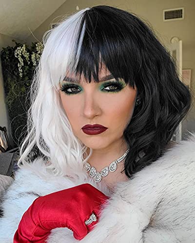 Mersi Black White Short Wavy Bob Wig 13 Inch for Cosplay Halloween Costume Women S046BW1