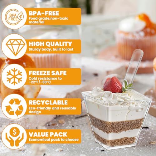 50 Pack 2 oz Clear Square Dessert Cups with Spoons - Mini Serving Bowls for Parties
