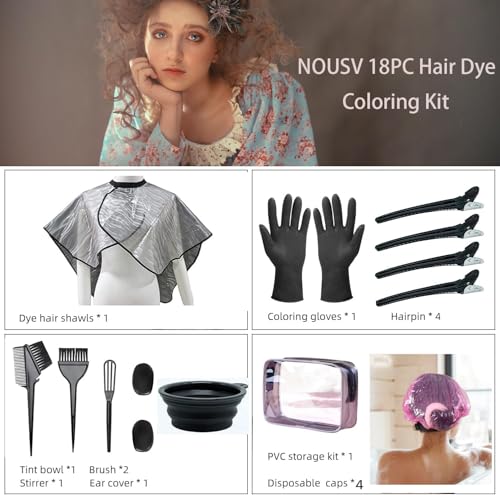 NOUSV Hair Dye Kit 18 Pieces Professional Coloring Set with Bowl Gloves & Cap