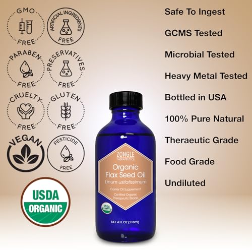 Organic Flaxseed Oil - 100% Pure Cooking & Hair Supplement - 4 OZ