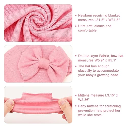 DRESHOW Newborn Receiving Blanket Set with Bow Hat & Mittens