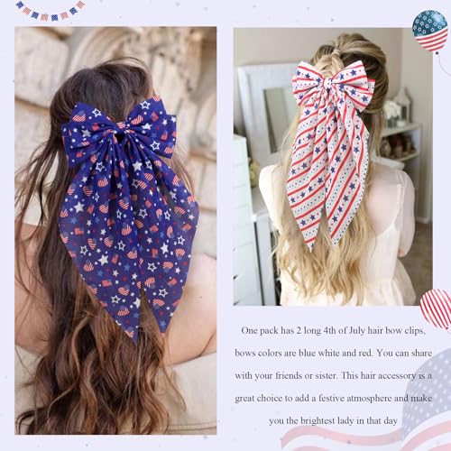 4th of July Hair Bows for Women & Girls - Red, White & Blue Satin Clips, Pack of 2, 11 Inch Length