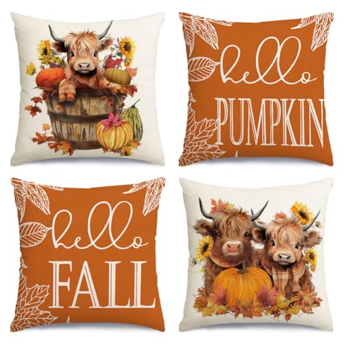Highland Cow Fall Pillow Covers Set of 4 - 20x20 Inch Decorative Cases