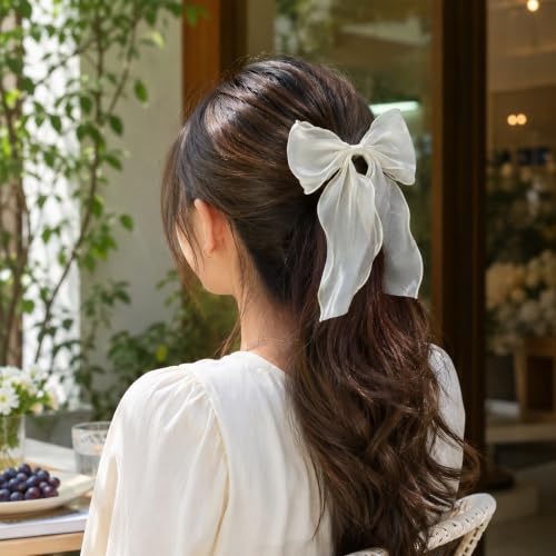 Chirende White Large Bow Hair Clip with Long Tail Cozy Coquette Style