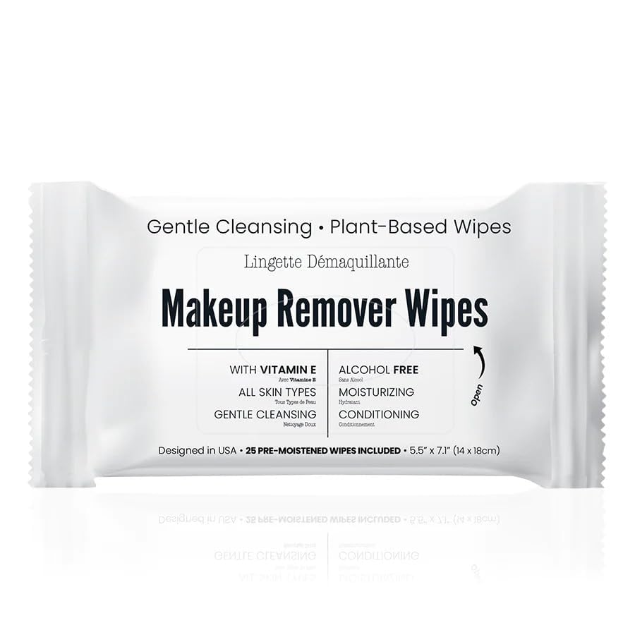 Makeup Remover Wipes - Alcohol-Free Vitamin E Facial Cleansing Wipes for Sensitive Skin | 50 Individually Wrapped Travel-Friendly Wipes