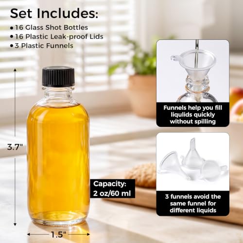 16 Pack 2 oz Clear Glass Bottles with Funnel & Labels