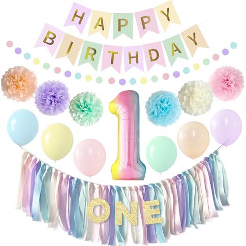Pastel Rainbow 1st Birthday Party Decorations Set for Girls
