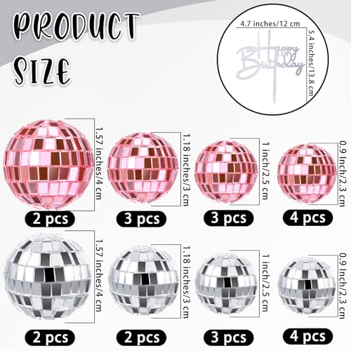 Disco Ball Cupcake Toppers - 24 Pcs Pink & Silver Party Decor