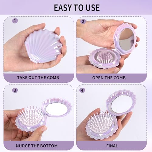 Purple Foldable Travel Hair Brush with Mirror - Compact Shell Design, Portable & Shiny Finish