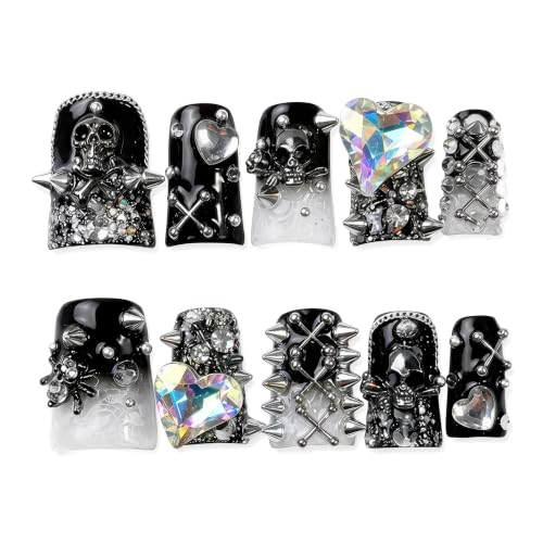 BAXTDNE Duckbill Short Halloween Fake Nails - Punk Spike Cross Metal Rhinestone, Reusable Press-On Nails (Size M, 10Pcs) - Variation 9