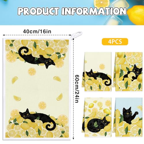 Black Cat Lemon Kitchen Towels Set of 4 | Microfiber, 16x24 Inch