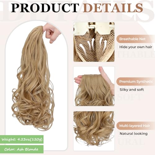 18-inch Curly Wavy Synthetic Ponytail Extension with Claw Clip - Natural Look, Ash Blonde