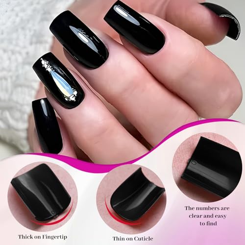 LoveOurHome Black Medium Square Press on Nails Kit with Glue Tabs - Full Cover Fake Nails