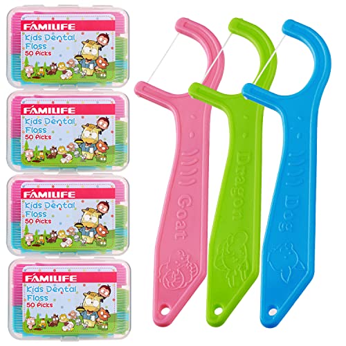FAMILIFE Animal Kids Floss Picks 200 Count with Travel Cases - Fluoride-Free Dental Floss for Children