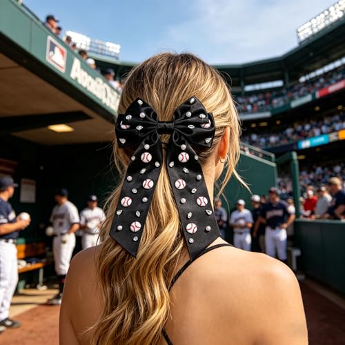 NVENF Rhinestone Baseball Hair Bow Clip - Large Satin Game Day Accessory