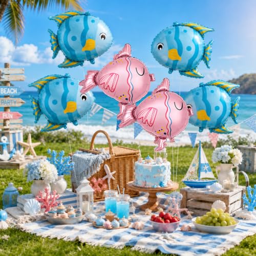 Gejoy 6 Pack Tropical Fish Balloons - 23 Inch Blue & Pink Foil