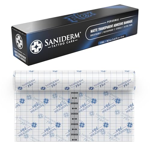 Saniderm Flex Tattoo Aftercare Bandage (New) (Personal Roll, 10.2 in x 2 yd) ? Faster Tattoo Healing and Protection ? Sterile, Waterproof, Flexible, Latex-Free, Tattoo Aftercare Wrap ? Matte Finish