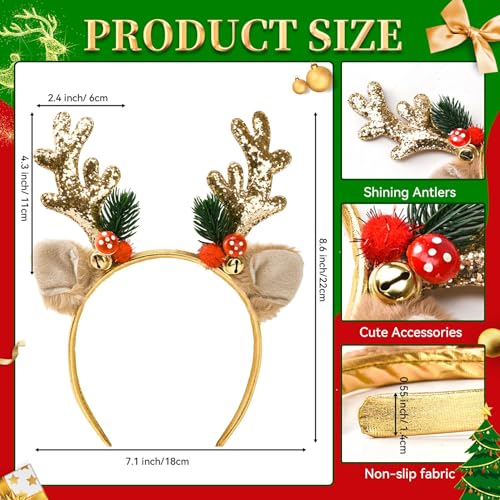 Ychelhr Gold Christmas Elk Antlers Headband - Glitter Xmas Hair Band for Girls & Women